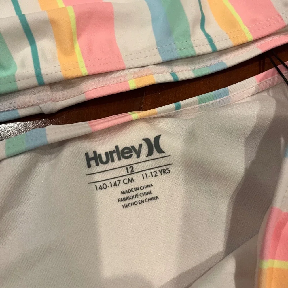 Hurley Girls Bikini Swim Set Two Piece Pale Ivory Pastel Multi Stripe Kids Sz 12